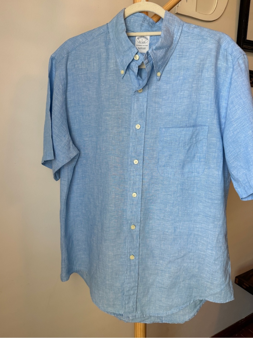 Brooks Brothers Irish Linen Shirt Blue Short Sleeve Button Up Top Men’s Large